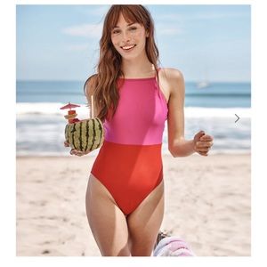 Summersalt High Neck One Piece Swimsuit Colorblock Pink Red 14